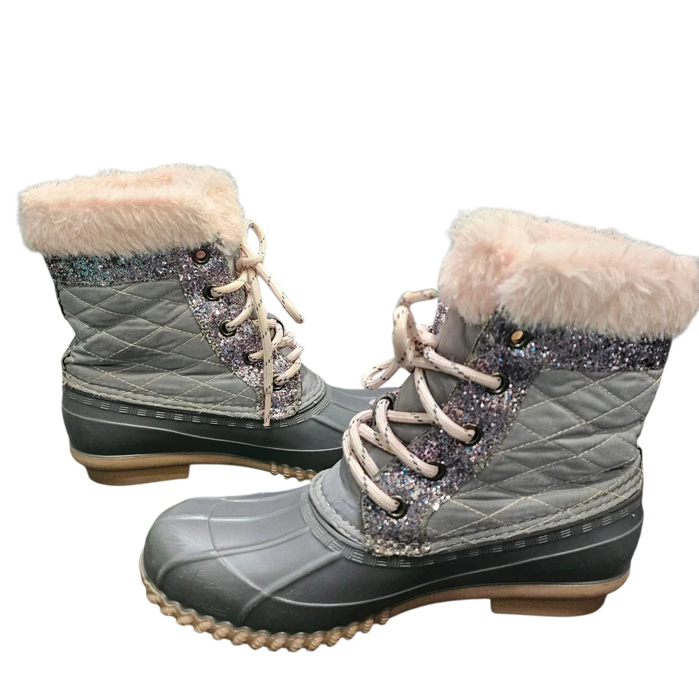 Alpine Woods Gray & Pink Fur-Lined Snowbunny Boots With Glitter Accents Sz3